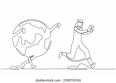 Single continuous line drawing unhappy Arab businessman being chased by globe. International company worker having trouble traveling because of the pandemic. One line draw design vector illustration