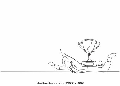 Una línea contínua dibujando a una infeliz mujer de negocios bajo una pesada carga de trofeos. El trabajador de oficina no logró ganar la competencia o el logro de los objetivos de negocio. ilustración vectorial de diseño gráfico de una línea