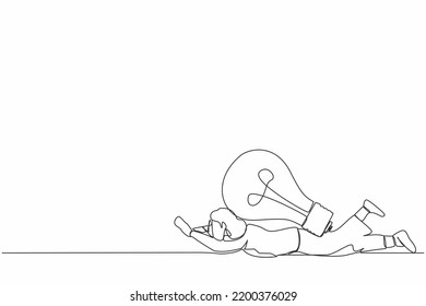 Single continuous line drawing unhappy businesswoman under heavy light bulb burden. Uninspired or no idea after business failure, burnout or exhausted from crisis. One line design vector illustration