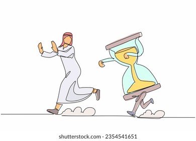 Single continuous line drawing unhappy Arab businessman being chased by hourglass. Manager feeling stress with project deadlines. Minimalism metaphor. One line draw graphic design vector illustration