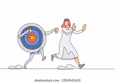 Single continuous line drawing unhappy Arab businessman being chased by archery bullseye target. Losing accuracy of business goal. Minimalism metaphor. One line draw graphic design vector illustration