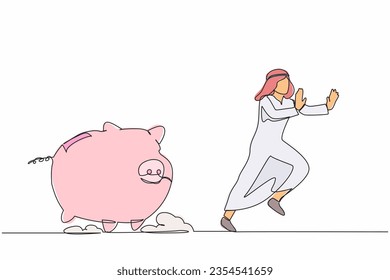 Single continuous line drawing unhappy Arab businessman being chased by piggy bank. Manager difficult to handle financial or economic crisis. Minimalism metaphor. One line design vector illustration