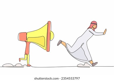 Single continuous line drawing unhappy Arabian businessman being chased by megaphone. Manager feeling angry with loud screaming of marketing concept. One line draw graphic design vector illustration