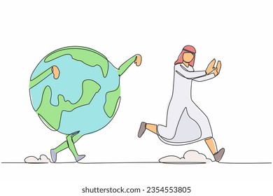 Single continuous line drawing unhappy Arab businessman being chased by globe. International company worker having trouble traveling because of the pandemic. One line draw design vector illustration