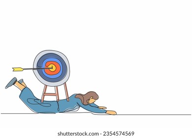 Single continuous line drawing unhappy businesswoman under heavy target burden. Hard work achieve business mission. Exhausted challenge to win higher target. One line draw design vector illustration