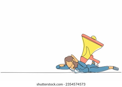 Single continuous line drawing unhappy businesswoman under heavy megaphone burden. Troubles in communication concept. Bullying, harassment at work, families. One line draw design vector illustration