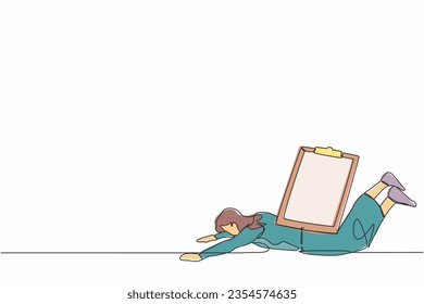 Single continuous line drawing unhappy businesswoman under heavy clipboard burden. Multitasking, productivity and time management problem. Deadline checklist. One line draw design vector illustration