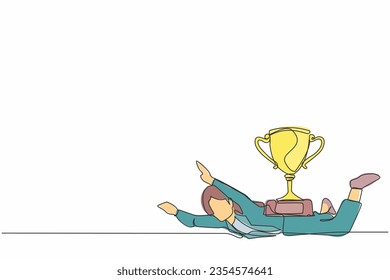 Single continuous line drawing unhappy businesswoman under heavy trophy burden. Office worker failed to win competition or business goals achievement. One line draw graphic design vector illustration