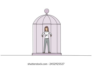 Single continuous line drawing unhappy businesswoman trapped in cage standing hold the iron bars. Imprisoned body and mind. Limited opportunity. Feeling exhausted. One line design vector illustration