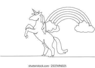 Single continuous line drawing unicorn in a jumping position with a background of clouds and rainbow. Mythological animals symbol of pride. National Unicorn Day. One line design vector illustration