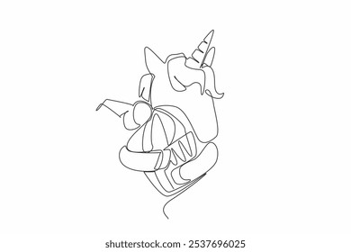 Uma única linha contínua desenhando o unicórnio é meio-encorpado e abraçando um cupcake de cereja. Uma mistura de sabores e formas. Doce. Dia Nacional do Unicórnio - Cupcake. Ilustração de vetor de design de uma linha