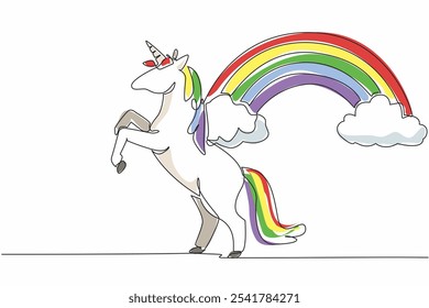 Single continuous line drawing unicorn in a jumping position with a background of clouds and rainbow. Mythological animals symbol of pride. National Unicorn Day. One line design vector illustration