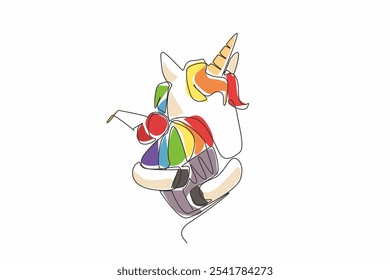 Single continuous line drawing the unicorn is half-bodied and hugging a cherry-topped cupcake. A blend of flavors and shapes. Sweet. National Unicorn Day - Cupcake. One line design vector illustration