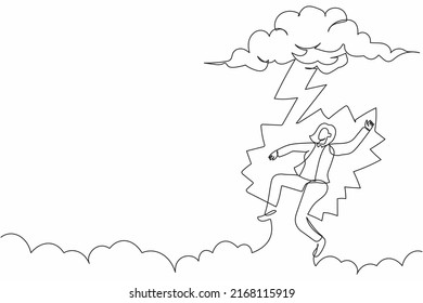 Single continuous line drawing unlucky businesswoman struck by lightning or thunder from cloud. Feel bad luck in business. Misery, disaster, risk, danger. One line graphic design vector illustration