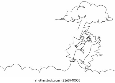 Single continuous line drawing unlucky Arabian businessman struck by lightning or thunder from dark cloud. Bad luck, misery, disaster, risk, danger. One line draw graphic design vector illustration