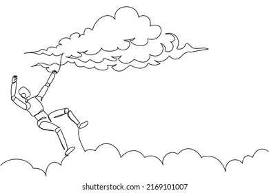 Una línea continua dibujando un robot desafortunado que cae del cielo de la nube. Pierde negocios o trabajo. Inteligencia artificial robótica. Industria de la tecnología electrónica. Ilustración vectorial de diseño gráfico de una línea