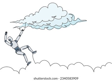 Single continuous line drawing unlucky robot falling from cloud sky. Loses business or job. Robotic artificial intelligence. Electronic technology industry. One line graphic design vector illustration