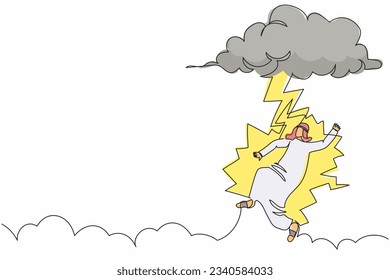 Single continuous line drawing unlucky Arabian businessman struck by lightning or thunder from dark cloud. Bad luck, misery, disaster, risk, danger. One line draw graphic design vector illustration