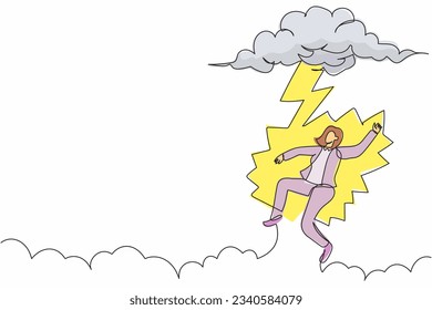 Single continuous line drawing unlucky businesswoman struck by lightning or thunder from cloud. Feel bad luck in business. Misery, disaster, risk, danger. One line graphic design vector illustration