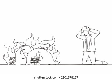 Single continuous line drawing upset businessman kneeling. Finances burning up. Global financial crisis, inflation. Bankruptcy. Inability to do business and pay bills. One line graphic design vector