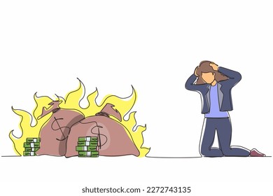 Single continuous line drawing upset businesswoman kneeling. Finances burning up. Global financial crisis, inflation. Bankruptcy. Inability to do business and pay bills. One line draw design vector