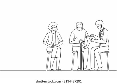 Single continuous line drawing vaccination against corona, covid-19, doctor with face covering and syringe vaccinated old man. Immunity, immunization, vaccine. One line draw design vector illustration