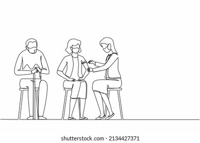 Single Continuous Line Drawing Vaccination Of The Elderly. Vector Modern Illustration Of Senior Woman And Doctor With Syringe. Immunity, Immunization, Covid-19 Vaccine. One Line Draw Graphic Design
