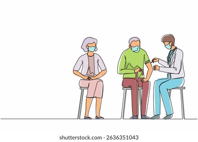 Single continuous line drawing vaccination against corona, covid-19, doctor with face covering and syringe vaccinated old man. Immunity, immunization, vaccine. One line draw design vector illustration