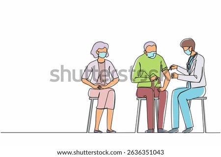 Single continuous line drawing vaccination against corona, covid-19, doctor with face covering and syringe vaccinated old man. Immunity, immunization, vaccine. One line draw design vector illustration