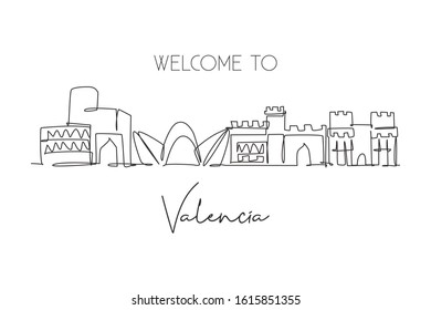 Single continuous line drawing of Valencia city skyline, Spain. Famous skyscraper and landscape postcard. World travel wall decor poster print concept. Modern one line draw design vector illustration
