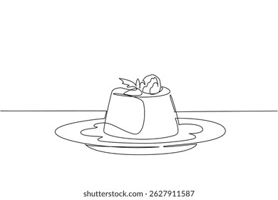 Pudim de baunilha de desenho de linha única contínua coberto com framboesas e molho de caramelo em uma placa. Deliciosa combinação de sabores. Dia Nacional do Pudim de Baunilha. Ilustração de vetor de design de uma linha
