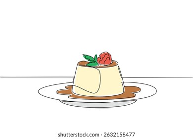 Pudim de baunilha de desenho de linha única contínua coberto com framboesas e molho de caramelo em uma placa. Deliciosa combinação de sabores. Dia Nacional do Pudim de Baunilha. Ilustração de vetor de design de uma linha