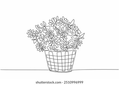 Línea continua única dibujando varios tipos de flores en cesta tejida de ratán. Arreglar flores para usarlas como decoración en la sala de estar. Día Nacional de las Flores. Ilustración vectorial de diseño de una línea