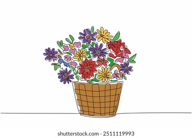 Línea continua única dibujando varios tipos de flores en cesta tejida de ratán. Arreglar flores para usarlas como decoración en la sala de estar. Día Nacional de las Flores. Ilustración vectorial de diseño de una línea