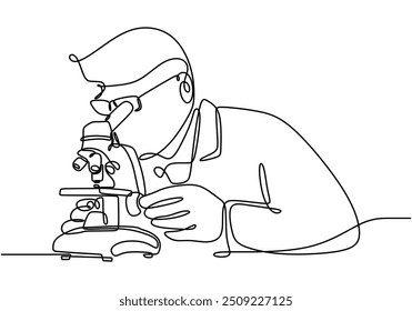 Single continuous line drawing vector illustration of a scientist researching with a microscope. Scientific research depicted simply.