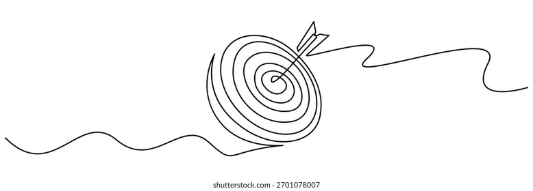Single continuous line drawing vector illustration of a target with an arrow hitting vector illustration. Isolated on transparent background