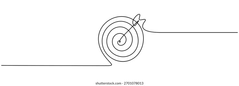 Single continuous line drawing vector illustration of a target with an arrow hitting vector illustration. Isolated on transparent background
