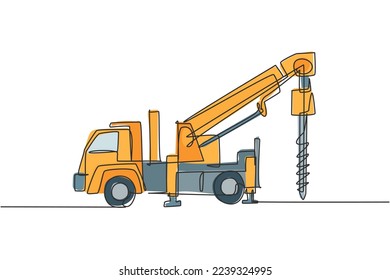 Single continuous line drawing of vehicle driller for drilling soil earth work. Heavy construction machines equipment concept. Trendy one line draw design vector graphic illustration