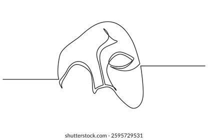 A single continuous line drawing of a venetian carnival mask. Great for minimalist art projects, graphic design, or creating a unique and elegant aesthetic for different concepts.