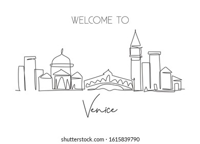 Single continuous line drawing of Venice city skyline, Italy. Famous skyscraper landscape postcard. World travel home wall decor poster print concept. Modern one line draw design vector illustration