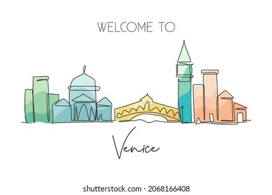 Single continuous line drawing of Venice city skyline, Italy. Famous skyscraper landscape postcard. World travel home wall decor poster print concept. Modern one line draw design vector illustration