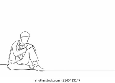 Single continuous line drawing very sad businessman sitting alone on the floor. Depressed young man disorder, sad, sorrow, disappointment symptom. One line draw graphic design vector illustration