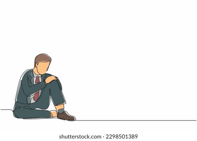 Single continuous line drawing very sad businessman sitting alone on the floor. Depressed young man disorder, sad, sorrow, disappointment symptom. One line draw graphic design vector illustration