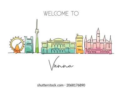 Single continuous line drawing of Vienna city skyline, Austria. Famous city scraper landscape. World travel home art wall decor poster print concept. Modern one line draw design vector illustration