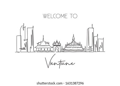 Single continuous line drawing Vientiane city skyline, Laos. Famous city scraper landscape postcard. World travel destination concept. Editable stroke modern one line draw design vector illustration