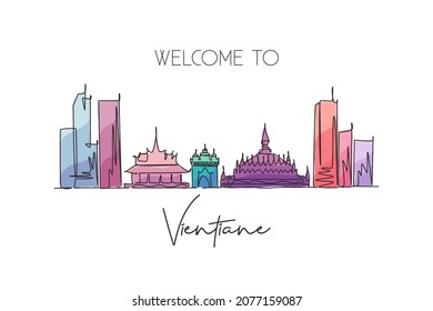 Single continuous line drawing Vientiane city skyline, Laos. Famous city scraper landscape postcard. World travel destination concept. Editable stroke modern one line draw design vector illustration