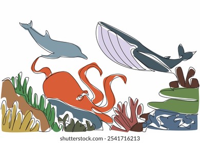 Single continuous line drawing view in the depths of the sea. Whale, dolphin and octopus. Keeper of the balance of the ecosystem in sea. World Aquatic Animal Day. One line design vector illustration