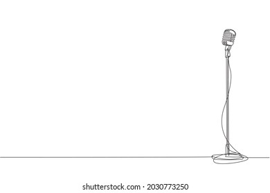 Single continuous line drawing vintage microphone isolated on white background. Old technology stand microphone for singer at classic musical show. One line draw graphic design vector illustration