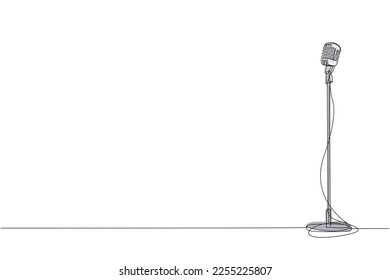 Single continuous line drawing vintage microphone isolated on white background. Old technology stand microphone for singer at classic musical show. One line draw graphic design vector illustration