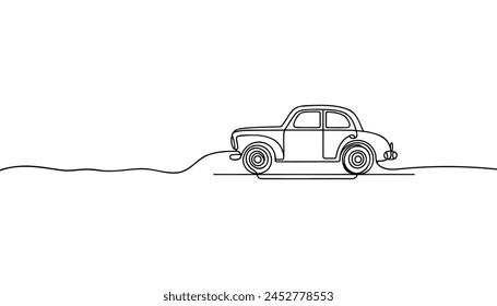 Dibujo de una sola línea continua en coche retro vintage.